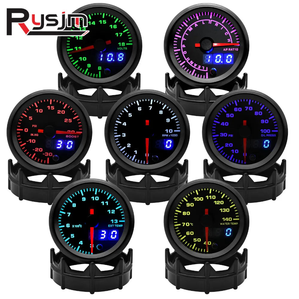 52mm 7 Color LED Car Gauge Set | Boost Water Temp Oil Pressure Voltmeter Air Fuel Ratio Tachometer