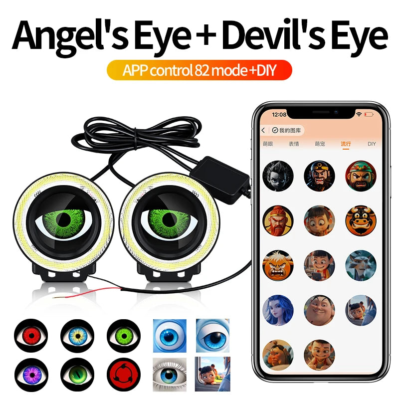 Devil's Eye LED Car Dynamic HeadLamps Angel Eyes lamp Waterproof Headlight 82 Modes De close-up view