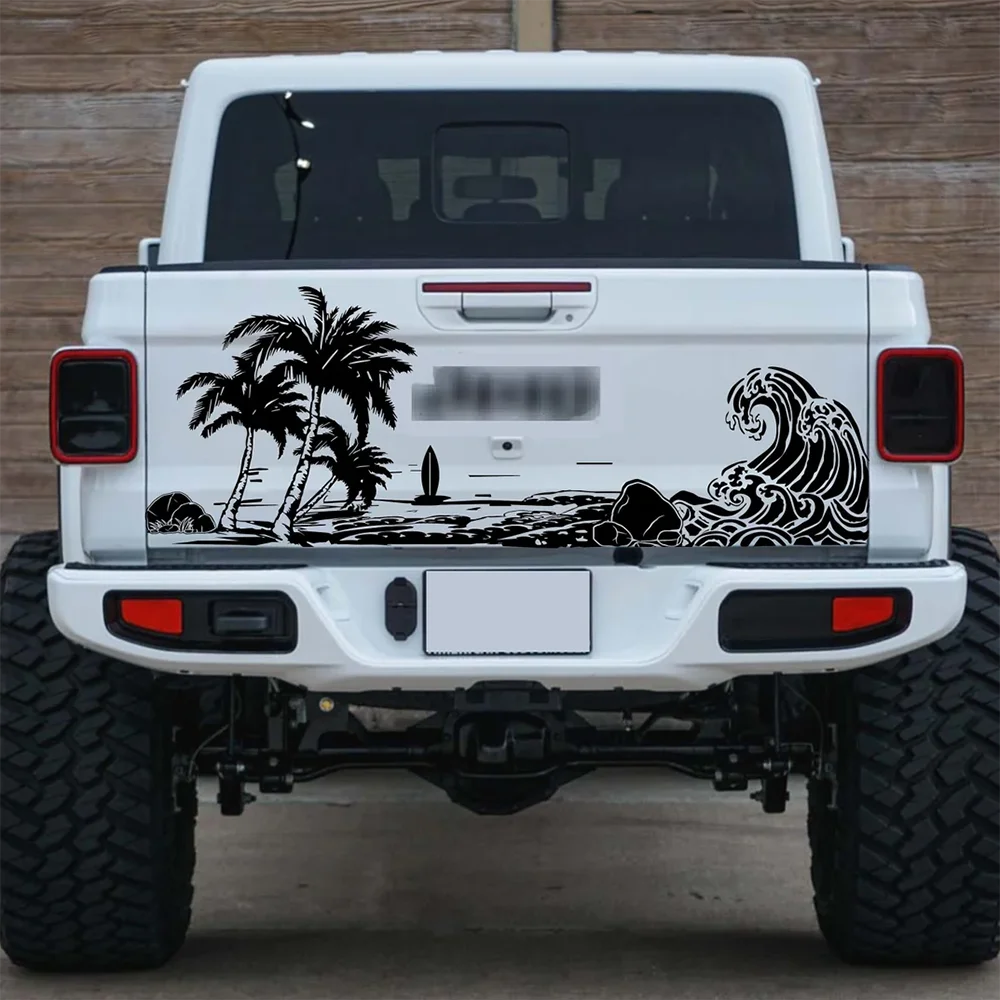 Large Beach Wave Palm Tree Car Sticker Decal | Summer Surf Nature Ocean Landscape for Pickup Tailgat