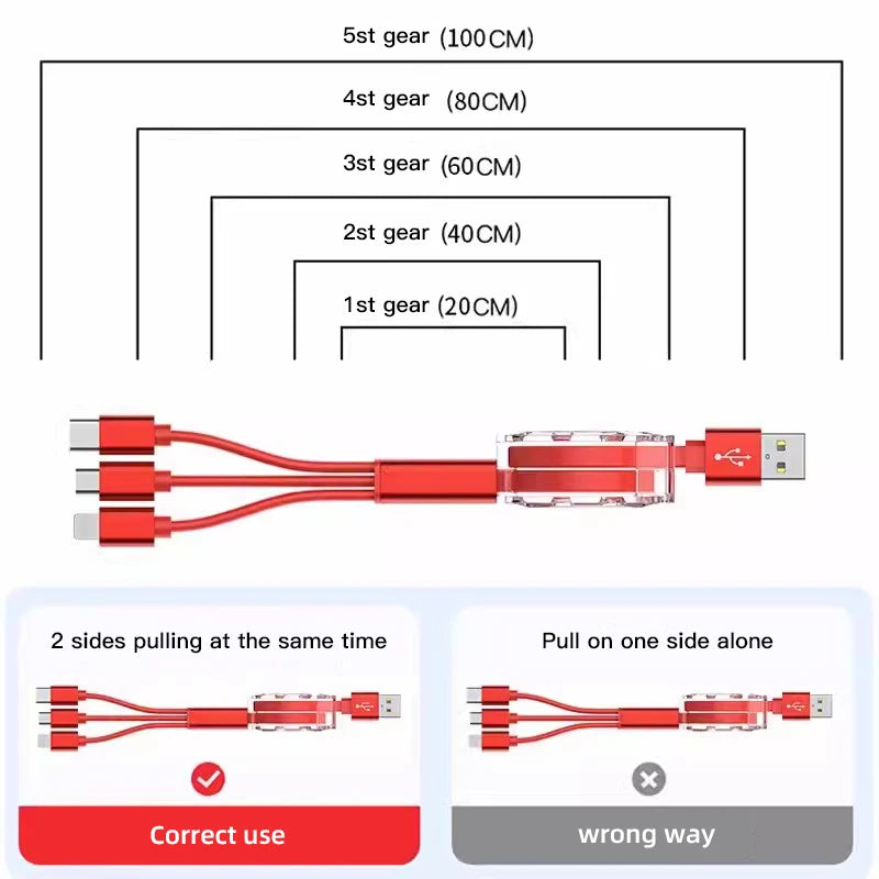 3-in-1 USB Fast Charging Cable 3A for Renault | Retractable Data Cable with 5 Gear additional angle