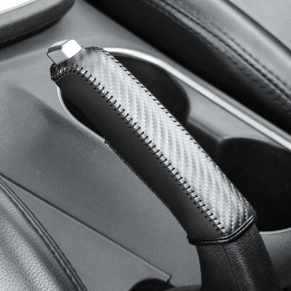 Carbon Fiber Car Leather Handbrake Cover Protective Sleeve Hand Brake Protection Car I close-up view