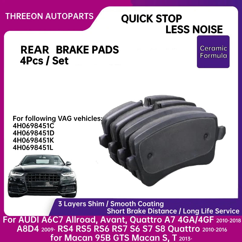 THREEON Rear Brake Pads Set for Audi A6 A7 A8 RS Models | Ceramic Brake Pads with Wear Indicator