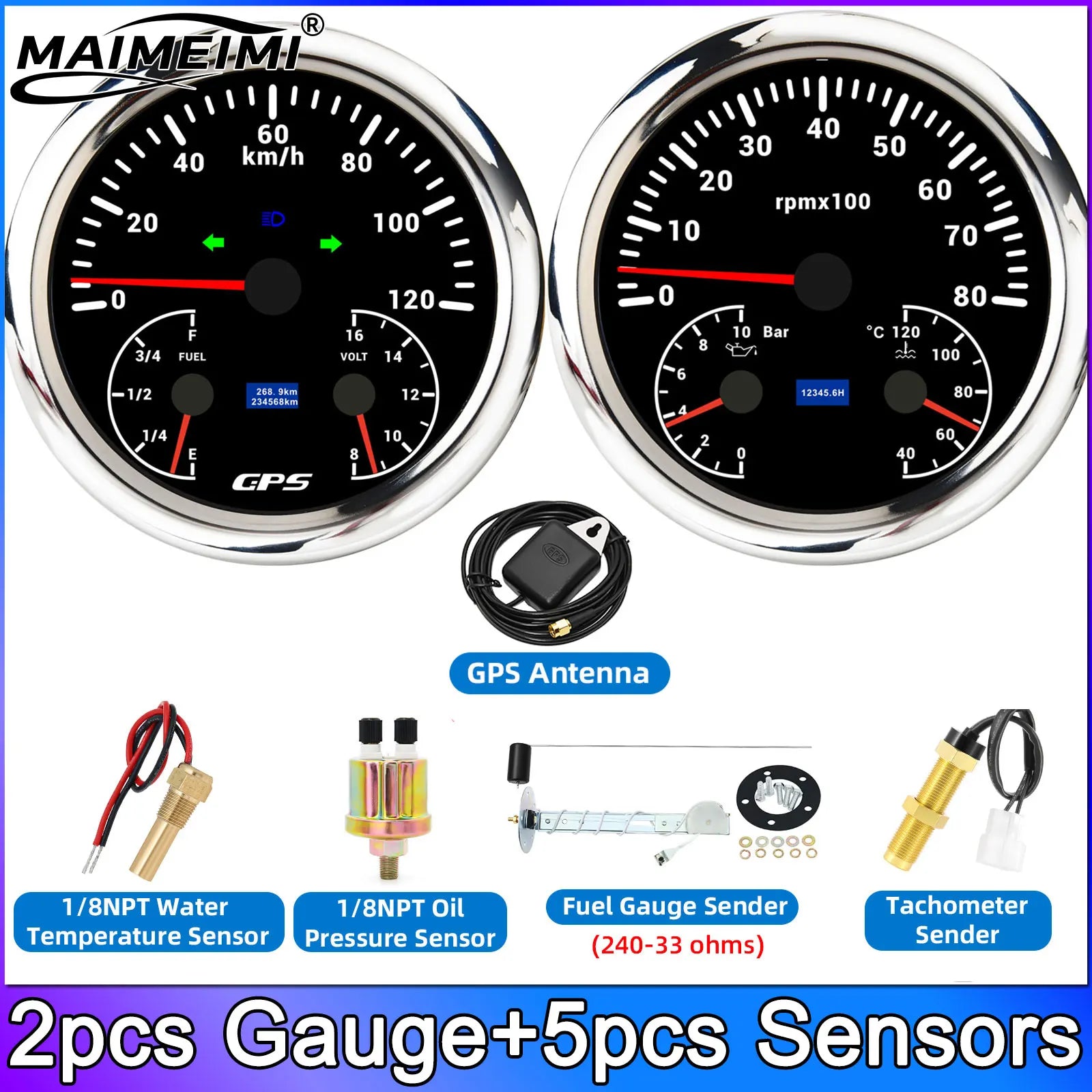 GPS Speedometer and Tachometer Gauge Set | 110mm 0-120kmh with 8000RPM for Car Truck Boat