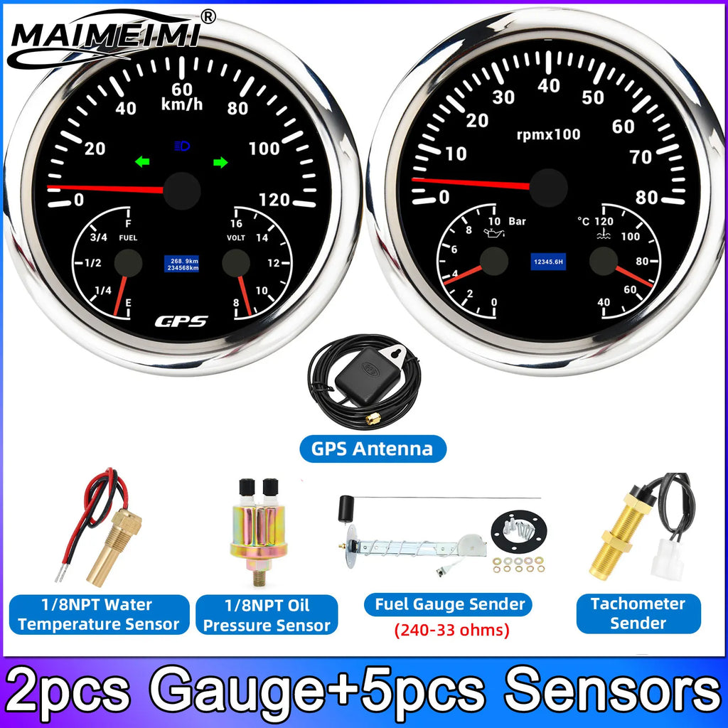 2 Gauge Set 110mm 0-120kmh GPS Speedometer+8000RPM Tachometer For Car Truck Boat Oil Pressure Water Temp Fuel Level Voltmeter