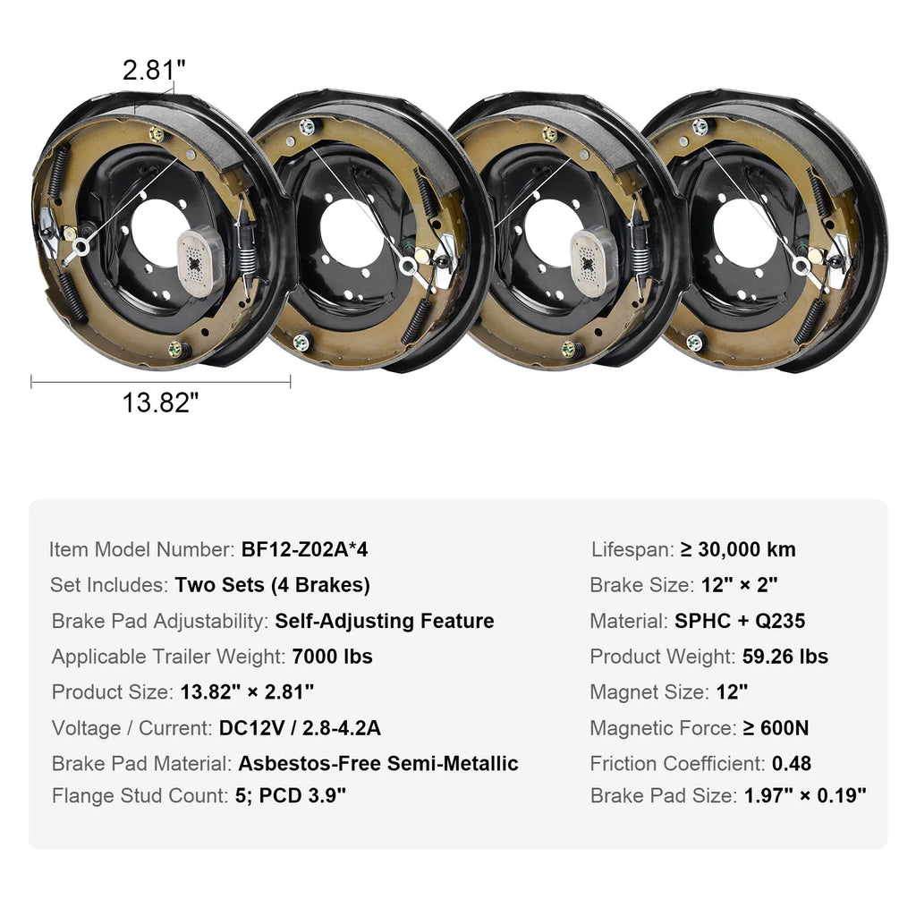 Electric Trailer Brake 12" x 2" Self-Adjusting Assembly | 2 Pairs 7000 lbs additional angle