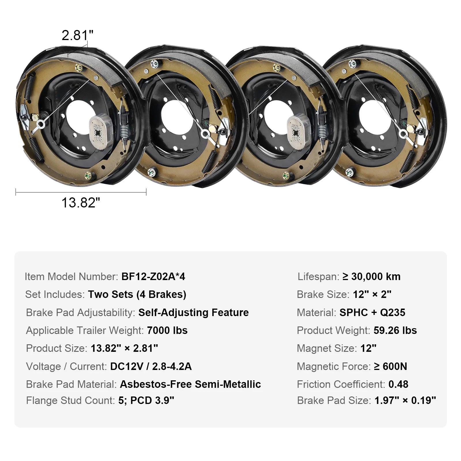 Electric Trailer Brake 12" x 2" Self-Adjusting Assembly | 2 Pairs 7000 lbs additional angle
