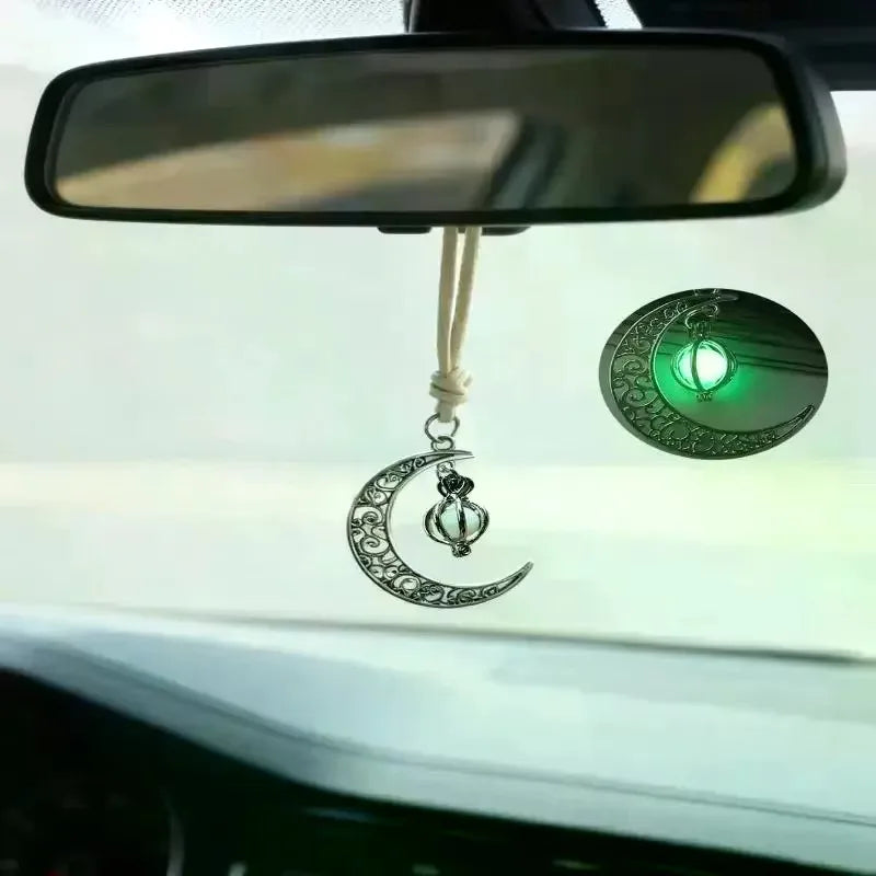 Moon Pendant Car Hanging Ornament | Hollow Crescent Design With Luminous Stone