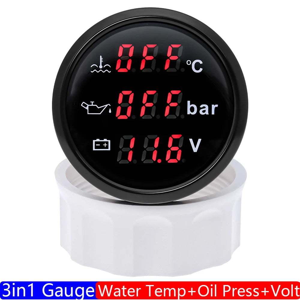 3 in 1 Digital 52mm Gauge with Alarm | Water Temperature, Oil Pressure, and Voltmeter close-up view