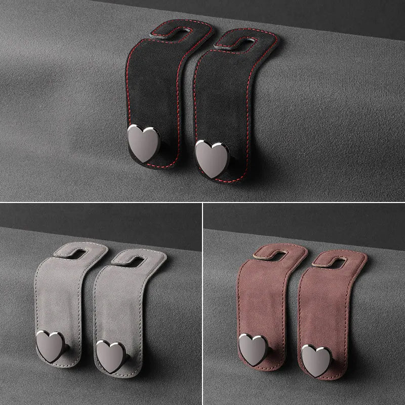 Heart Shape Metal Car Headrest Hooks 2 in 1 Leather Hanger additional angle