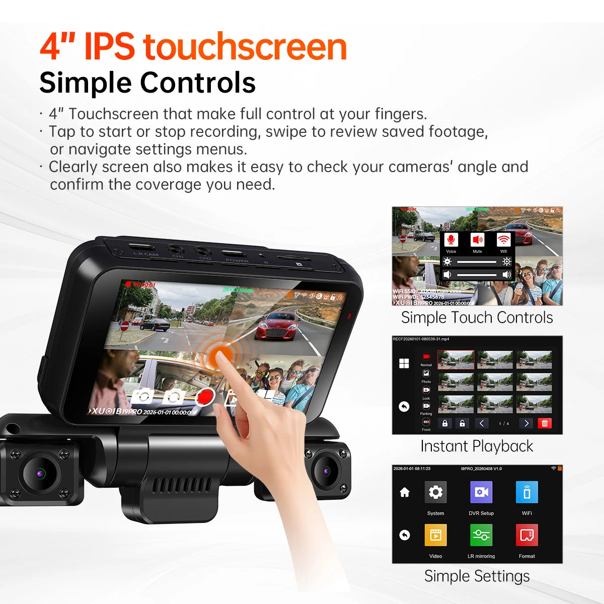XUOIB I9pro 4CH Dash Cam 4K Front 360° Car Camera 4" Touch Screen WiFi GPS Night Vision DVR Support 24H Parking Monitor&256Gmax