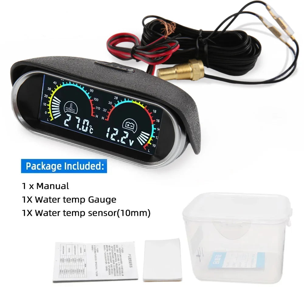 12V Car 2 in 1 LCD Gauge Voltmeter and Water Temperature Meter | 1/8 NPT Temp Sensor Water Temp Gaug