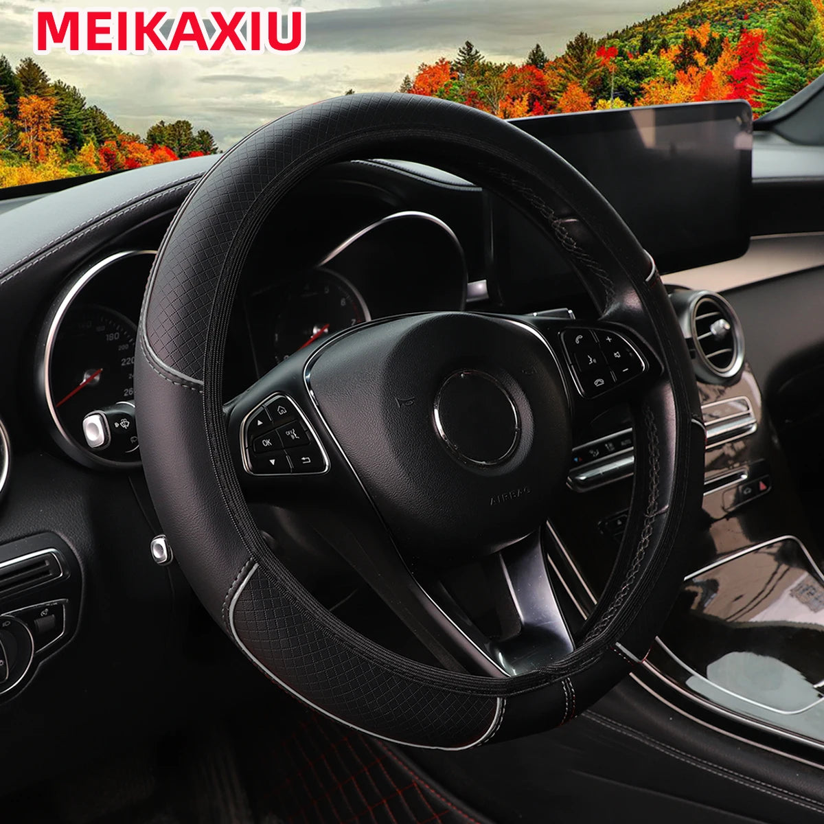 Women's Checkered PU Steering Wheel Cover Embossed Curved Trim Strips Car Decoration Rim detail view