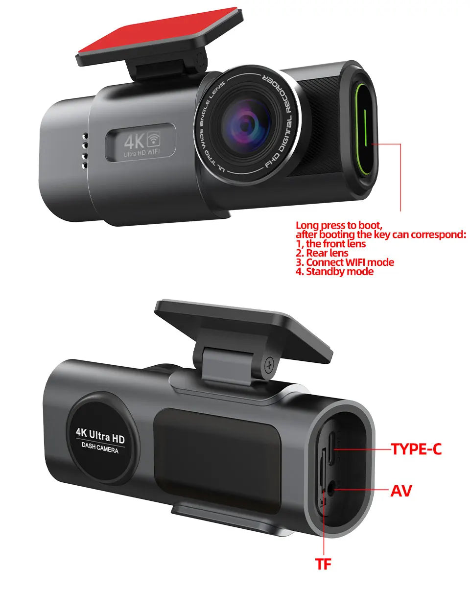 4K Dash Cam with WiFi & GPS | Dual Lens, Night Vision, 24H Parking Monitor
