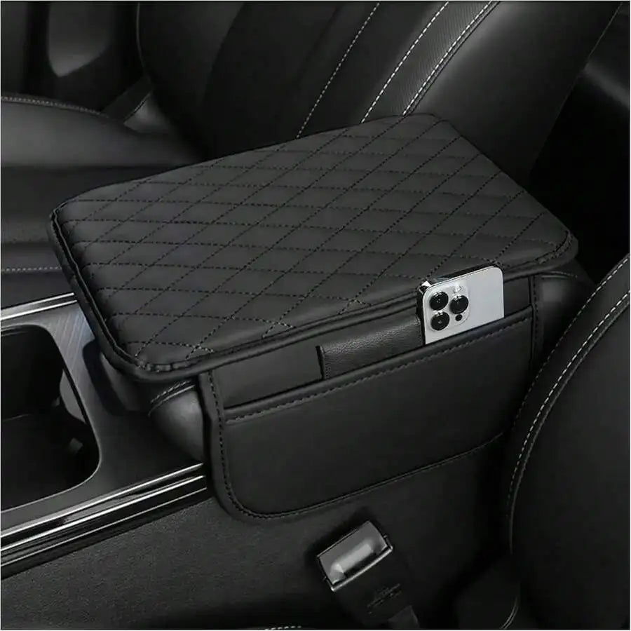 1pc Leather Car Center Console Armrest Cover Pad With 2 Storage Pockets, Universal Automotive Armrest Box Cushion