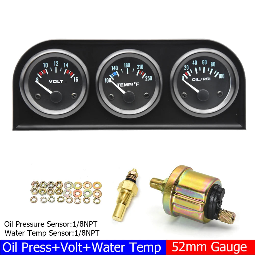 2" 52MM Triple Gauge 3 In 1 Water Temp Oil Pressure Oil Temperature Gauge | Racing additional angle