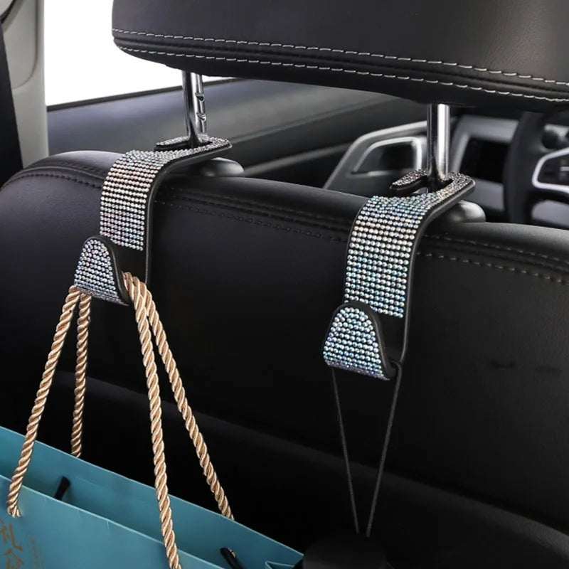 2Pcs  Car Seat Back Hook Bling Diamond Hanger Backseat Auto Back Universal Headrest  Storage Holder Car Interior Accessories