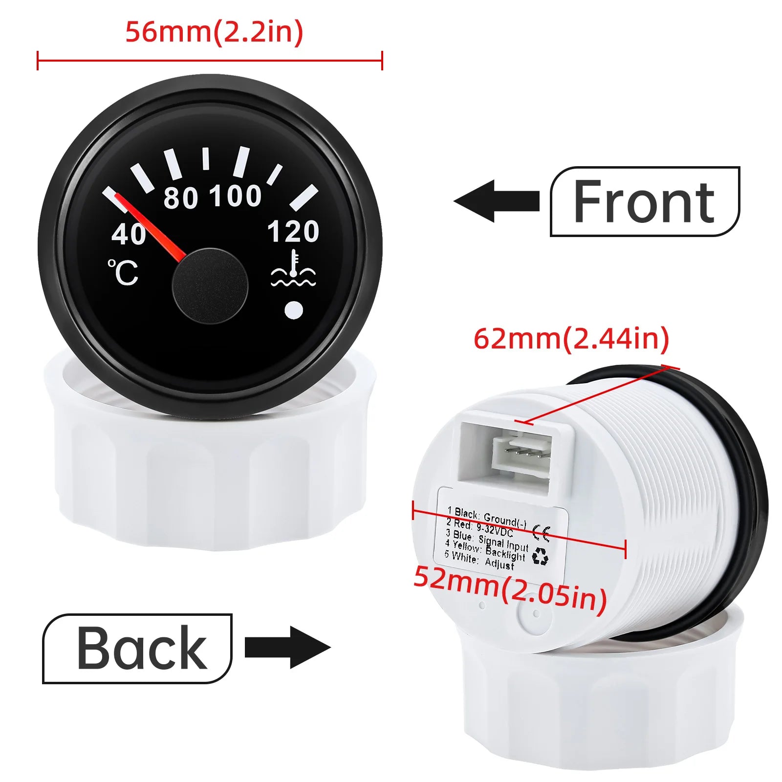 52mm Water Temperature Gauge with Flash Alarm | 40-120℃ Red LED Water Temp Meter for alternate view