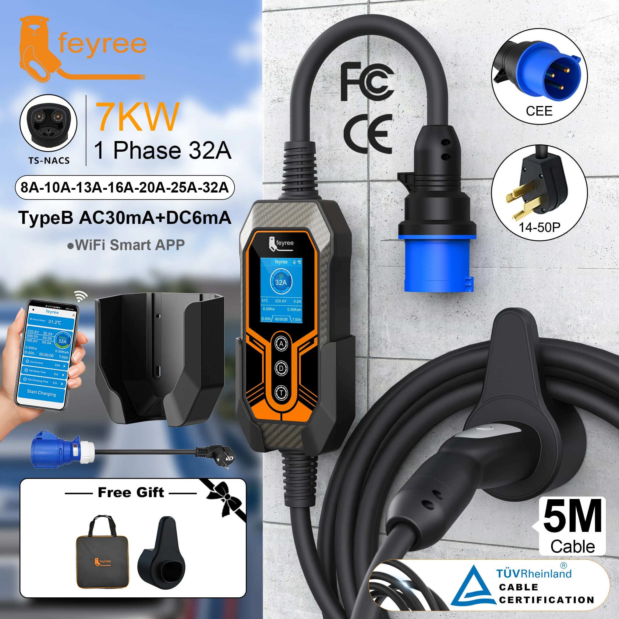feyree TS-NACS EV Charger | 32A 7KW Portable Charger with APP Control for Tesla