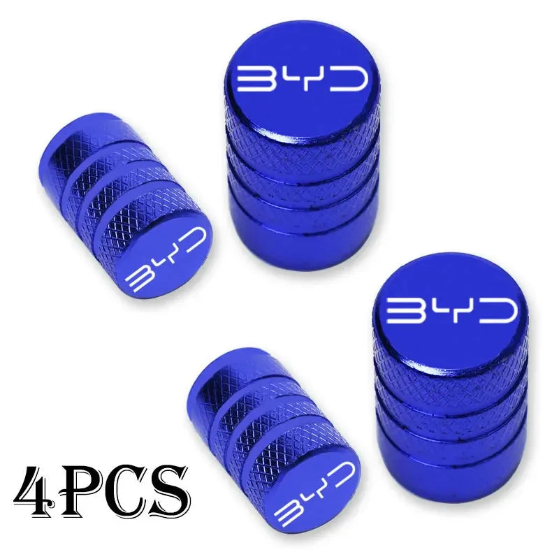 Car Tire Valve Stem Caps with Logo for BYD ATTO 3 Song Plus | 4 Pack CNC Aluminum close-up view