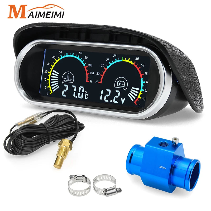 12V 24V Digital Water Temperature Gauge with Volt Meter | 2-in-1 Car Gauge with Sensor