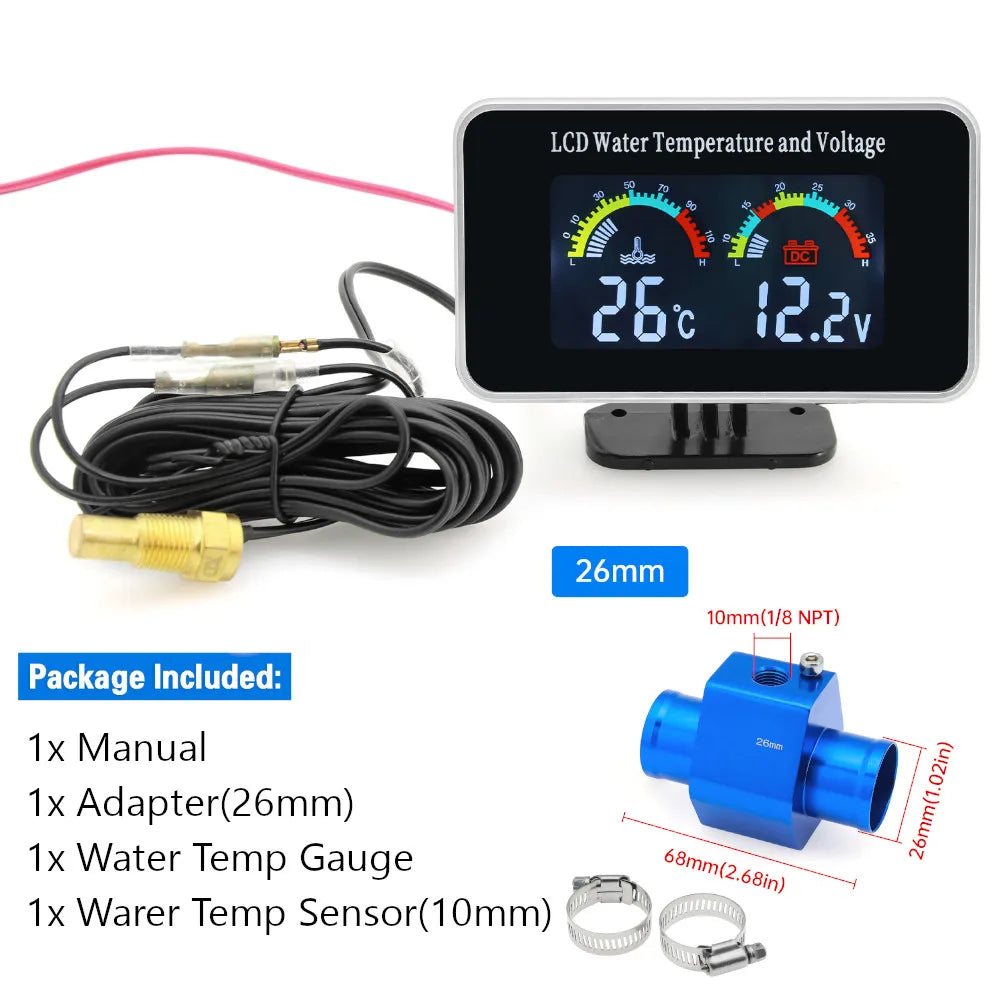 HD Car LCD Water Temperature Meter Thermometer Voltmeter Gauge 2in1 Temp&Voltage Meter 10mm Sensor 26~40mm Adapter(Option)12V/24