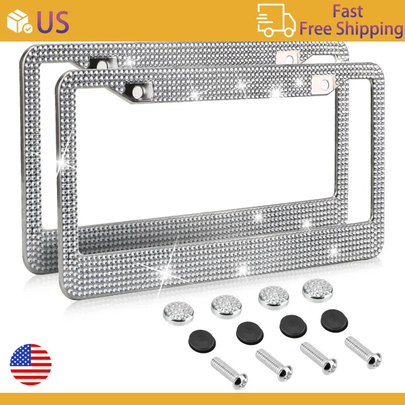 2PCS Stainless Steel License Plate Frame for Cars US-Spec Bling License Plate Frame Glitter Crystal Sparkling Rhinestone Caps