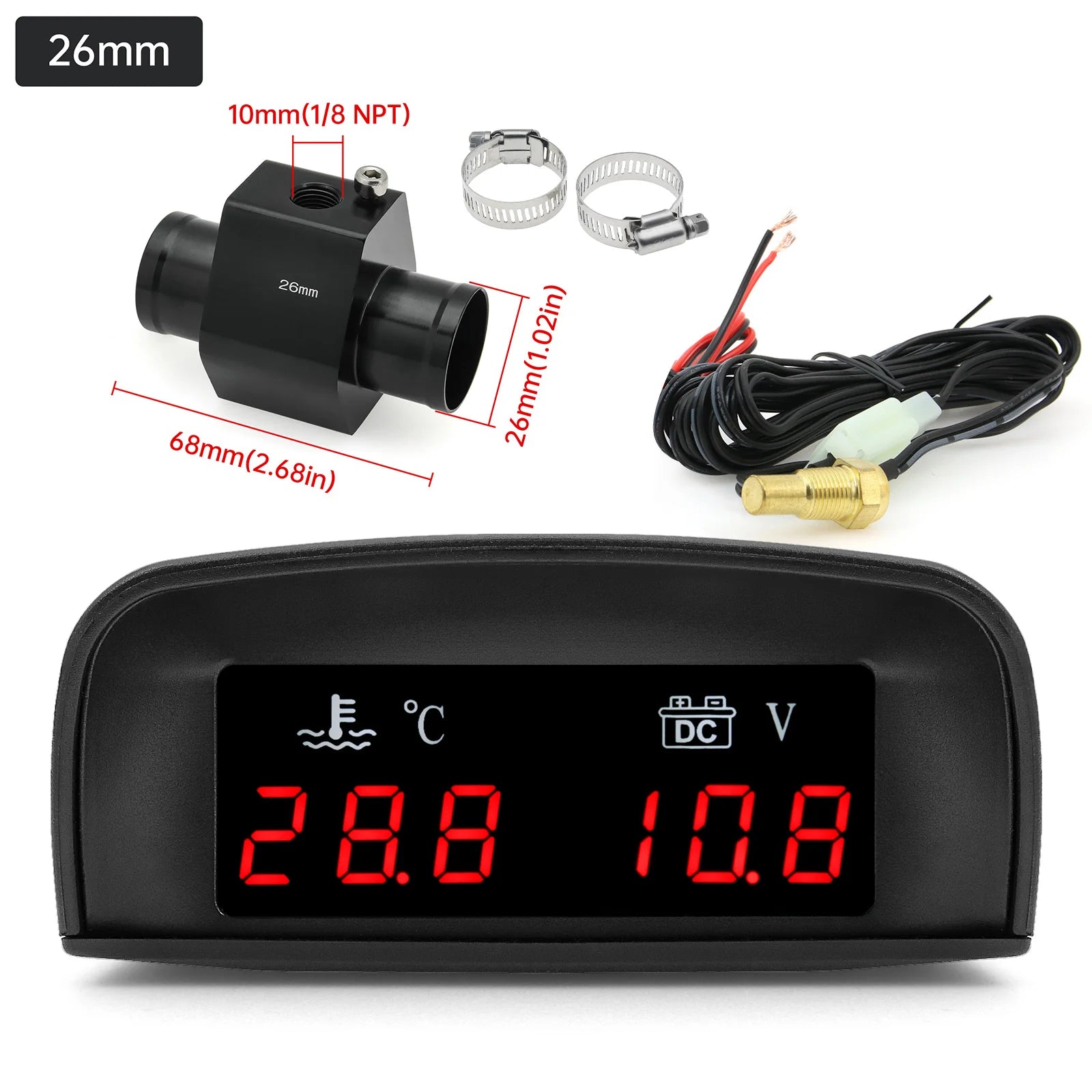 2 In 1 Car Water Temperature and Voltage Gauge | Digital LCD Display with 1/8 NPT Sens close-up view