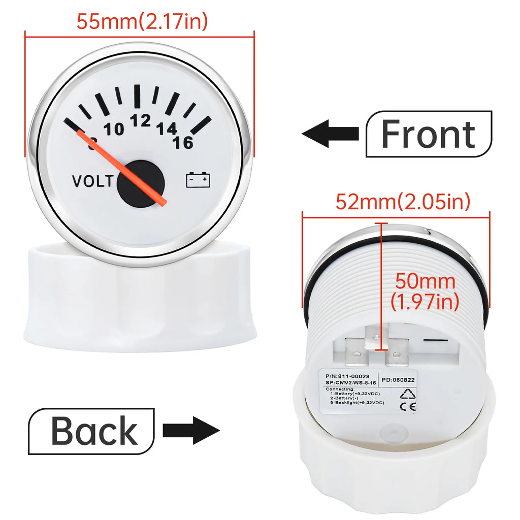 AD Universal 52mm volt meter Marine Auto Voltmeter 8-16V Waterproof Gauge For Motorcycle Car Boat Automobile With Red Backlight