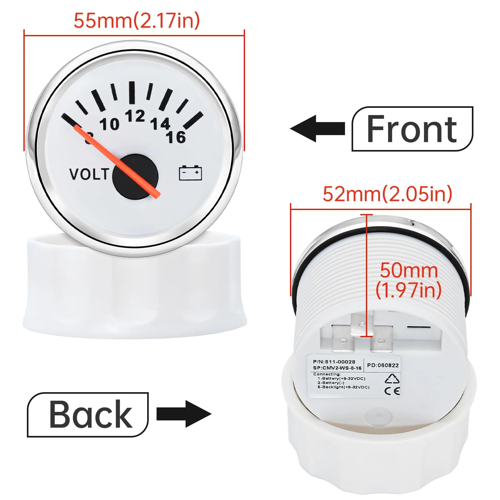 AD Universal 52mm Voltmeter | 8-16V Waterproof Gauge for Car Motorcycle Boat with Red alternate view