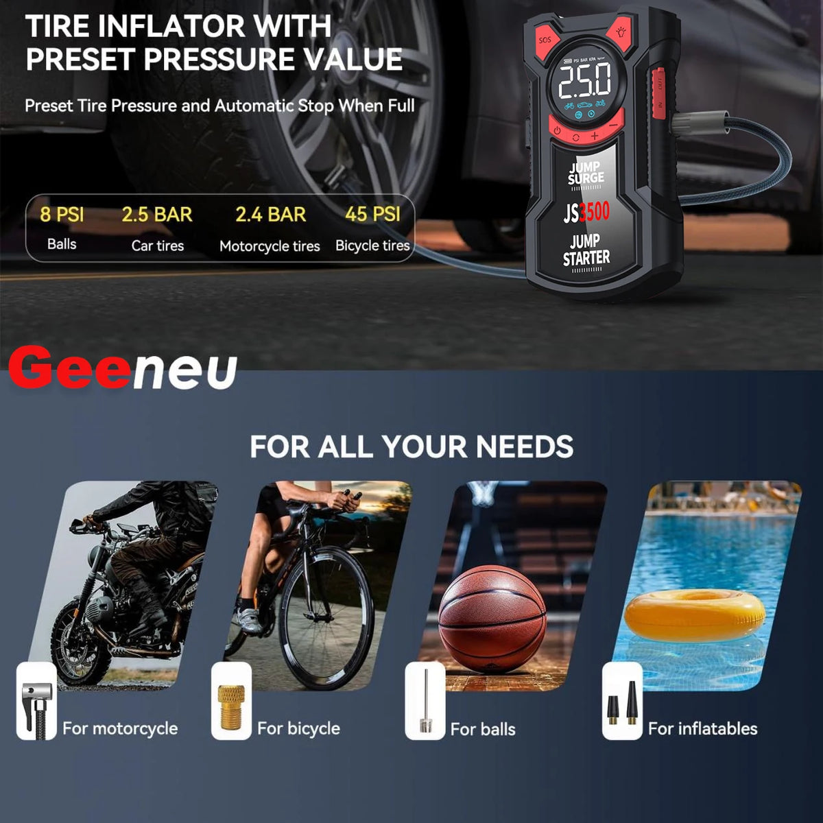 PAIVIROKU 5-in-1 Multifunctional Air Pump Jump Starter with Air Compressor 3000A Peak/150PSI Battery Jump Starter Digital Tire Inflator