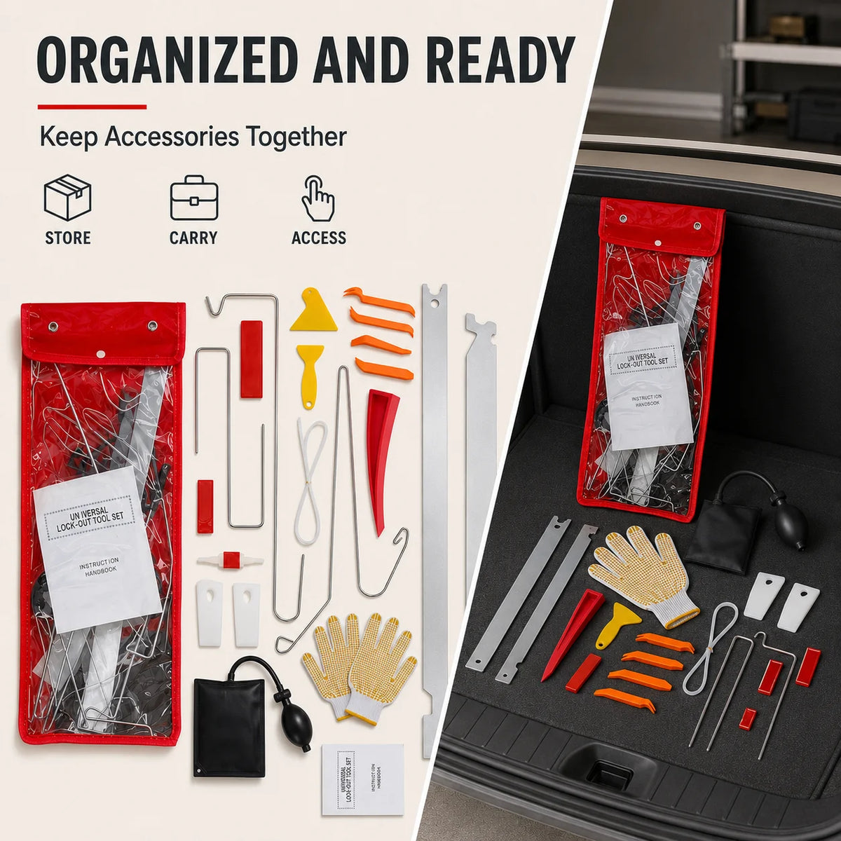 Car Emergency Repair Tool Kit with Thin Bar Wide Bar S-Hook Air Wedge Bag Pump Car Opening Kit Car Lockout Tool Kit