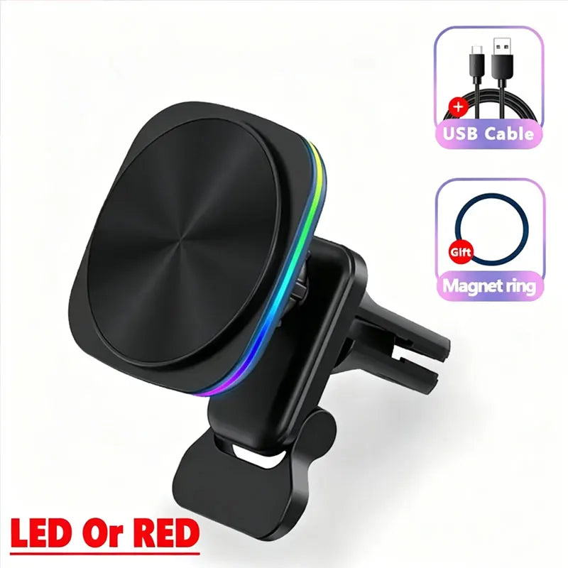 RGB LED Magnetic Wireless Charger Car Phone Holder | Fast Charging Mount for iPhone 16 15 14 13 12 P