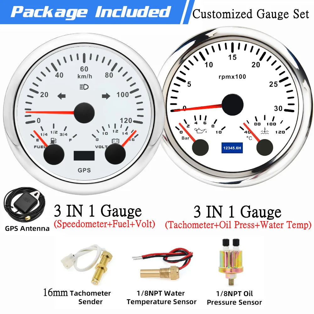 Custom 2 Gauges Set With Sensors Kit | 85mm 3-in-1 GPS Speedometer, Fuel, Tachometer, alternate view