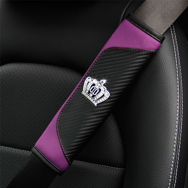 Diamond-Encrusted PU Carbon Fiber Leather Crown Car Shoulder Guard Safety Belt Decoratio detail view