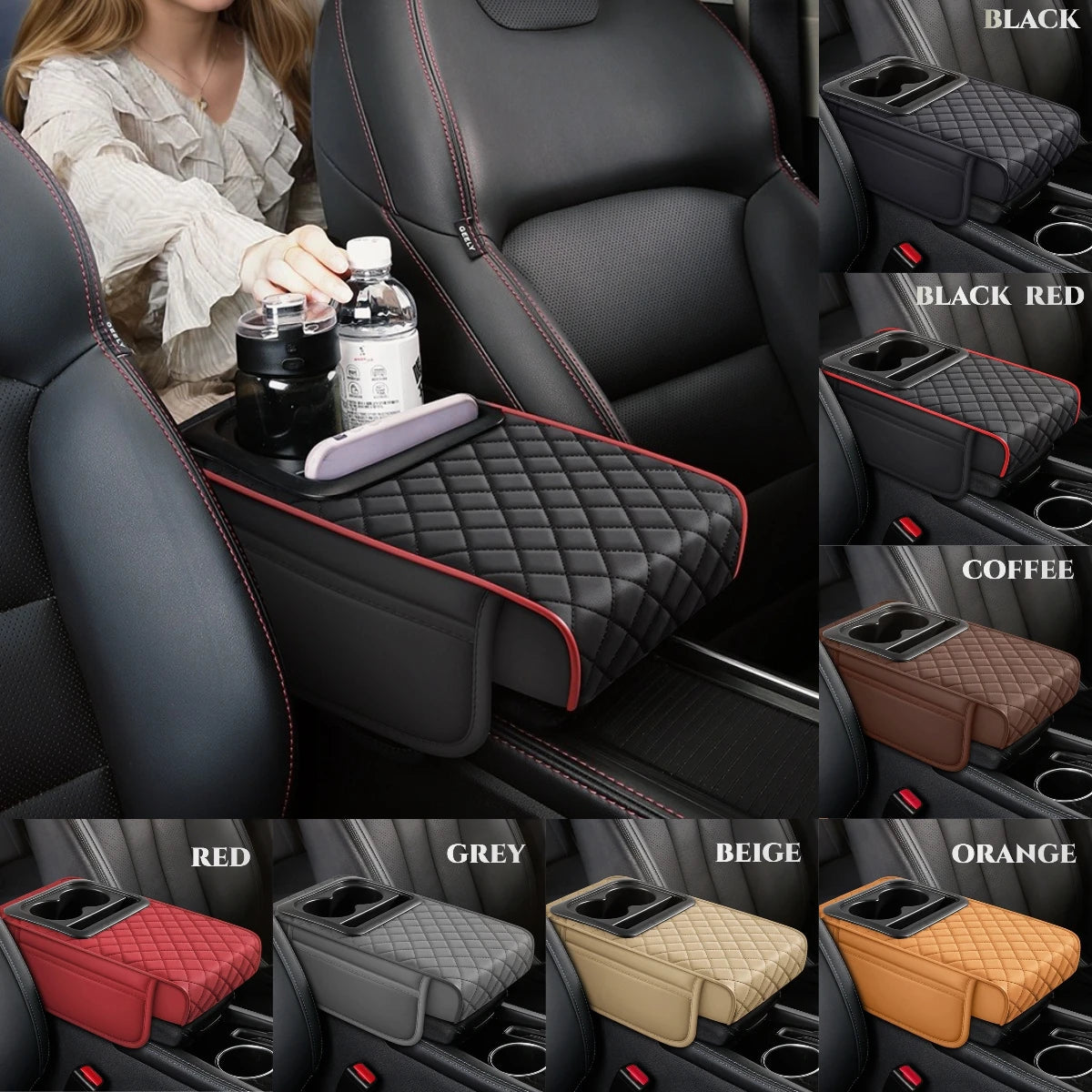 PU Leather Car Center Console Armrest Pad with Dual Pockets, Removable ABS Dual Cup Holder, 20 cm / 7.87 in. Wide