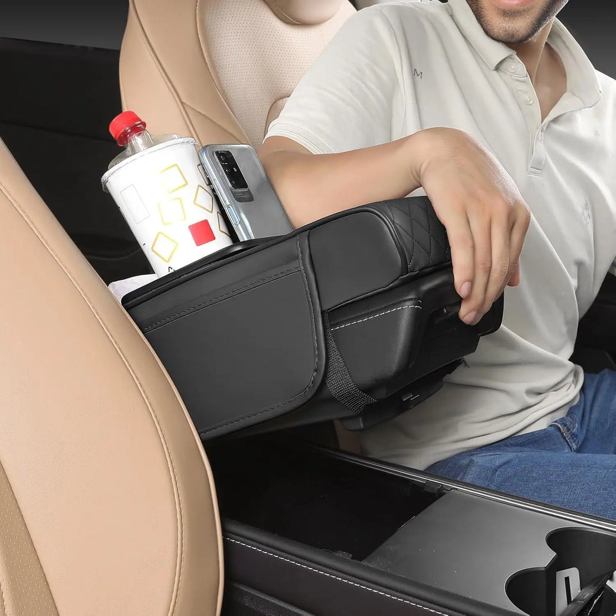 Universal Car Center Console Armrest Cover, Leather Armrest Cushion with Storage Pocket, Auto Interior Organizer Protector Pad