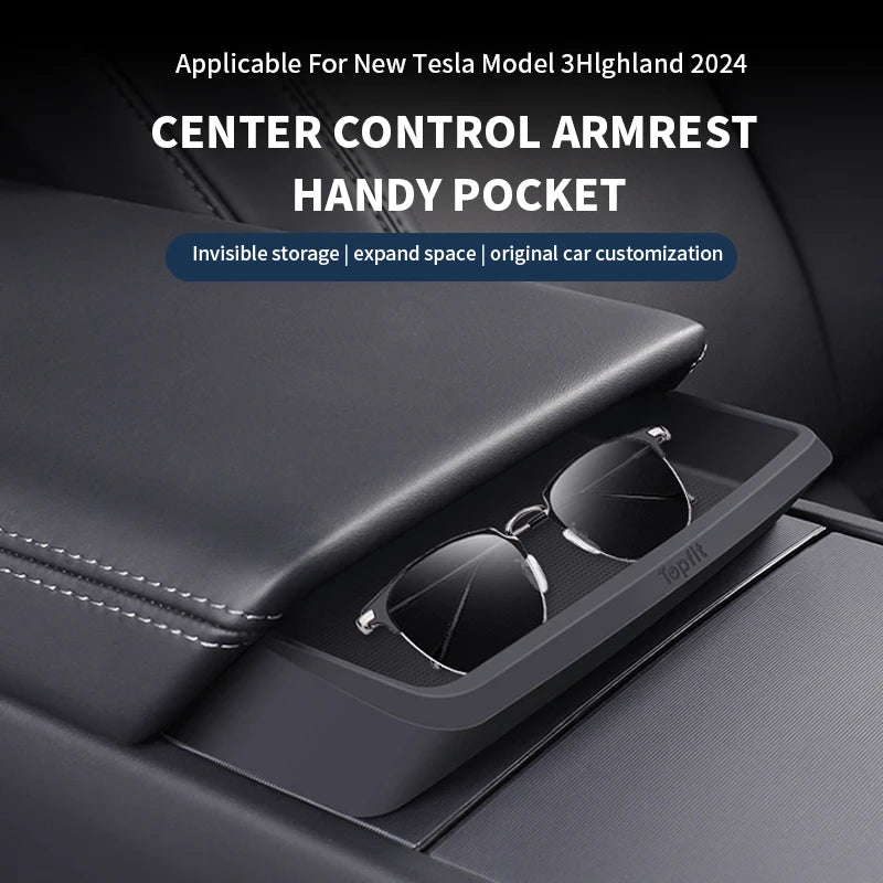 Central Armrest Storage Box for Tesla Model 3 Highland | Multi-Functional Glasses and close-up view