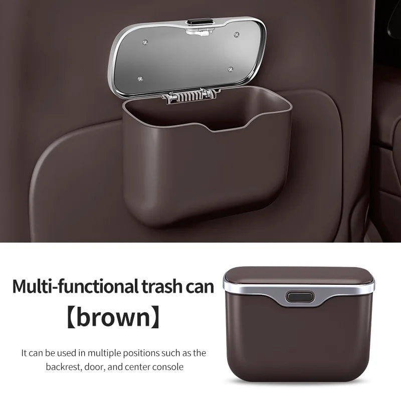 Multifunctional Car Trash Can with Lid Button, Hanging Storage Bin close-up view