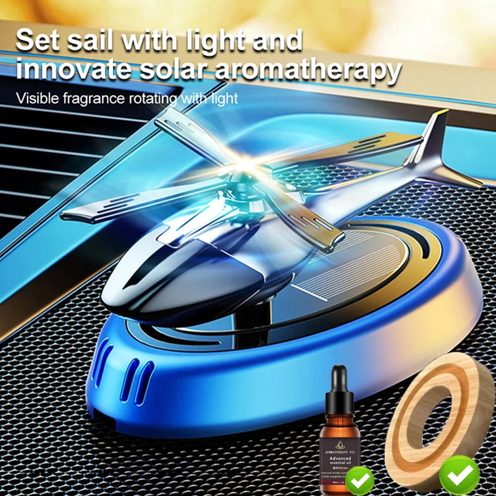Solar Powered Rotation Helicopter Car Air Freshener | Solar Aromatherapy Diffuser with Wooden Lid