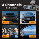 BCUOZ 4-Lens 360° Dashcam, 1080P Front + 720P Built-in Rear Left and Right car cameras, Super night vision, Loop recording, G-Sensor, WDR, 12-24V car plug power supply,Optional 64GB memory card.