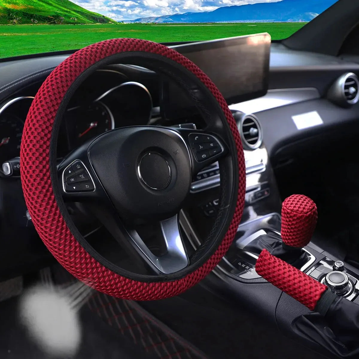 3 Car Massage Mesh Cloth Steering Wheel Cover Handbrake & Handle Cover Set Breathab additional angle