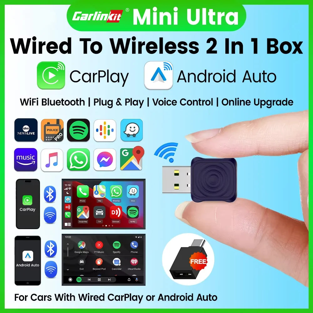 CarlinKit 5.0 Wireless Adapter Mini Ultra | Wireless Android Auto and CarPlay USB Dongle
