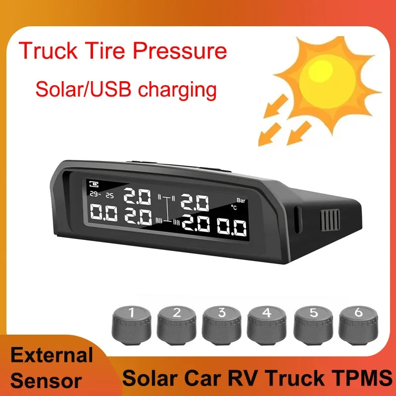 6 Wheel Tire Pressure Monitoring System | Solar TPMS with USB Charging and Temperature Alarm