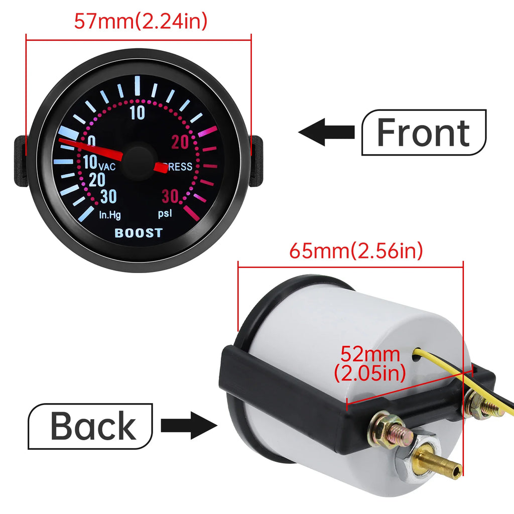 Smoke Lens 2" 52MM Turbo Boost Gauge PSI BAR Boost Meter -30~30PSI -1~2BAR Boost Meter Indicator for Gasoline Racing Car 12V