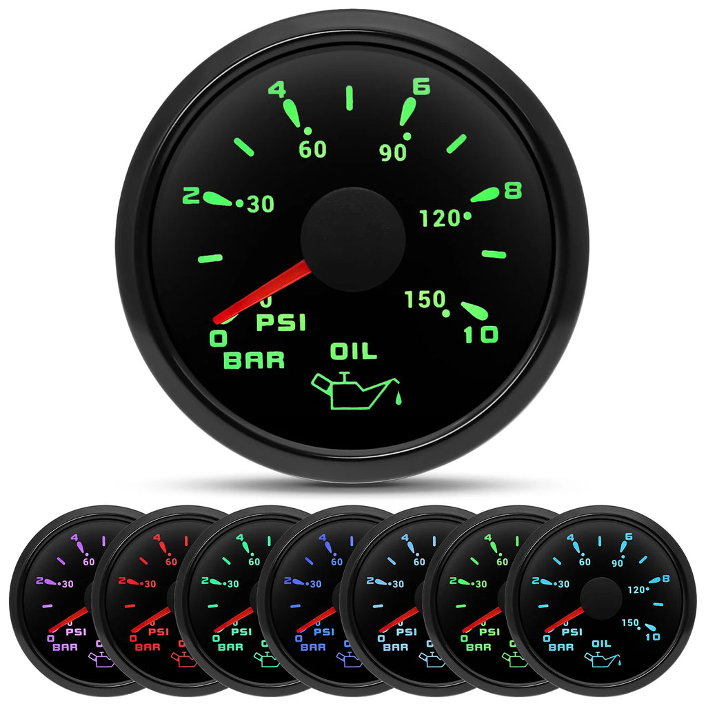 HD 2" 52m Oil Pressure Gauge Meter 0-10Bar 0~150PSI With 7 Colors LED Backlight 1/8NPT Oil Press Sensor For Boat Car Truck 9-32V