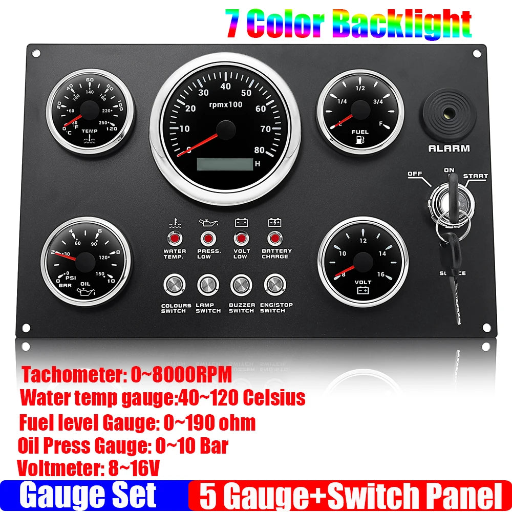 Engine Dash Instrument Panel 5 Gauge Set | 7 Color LED 85mm Tachometer for RV Boat Custo detail view