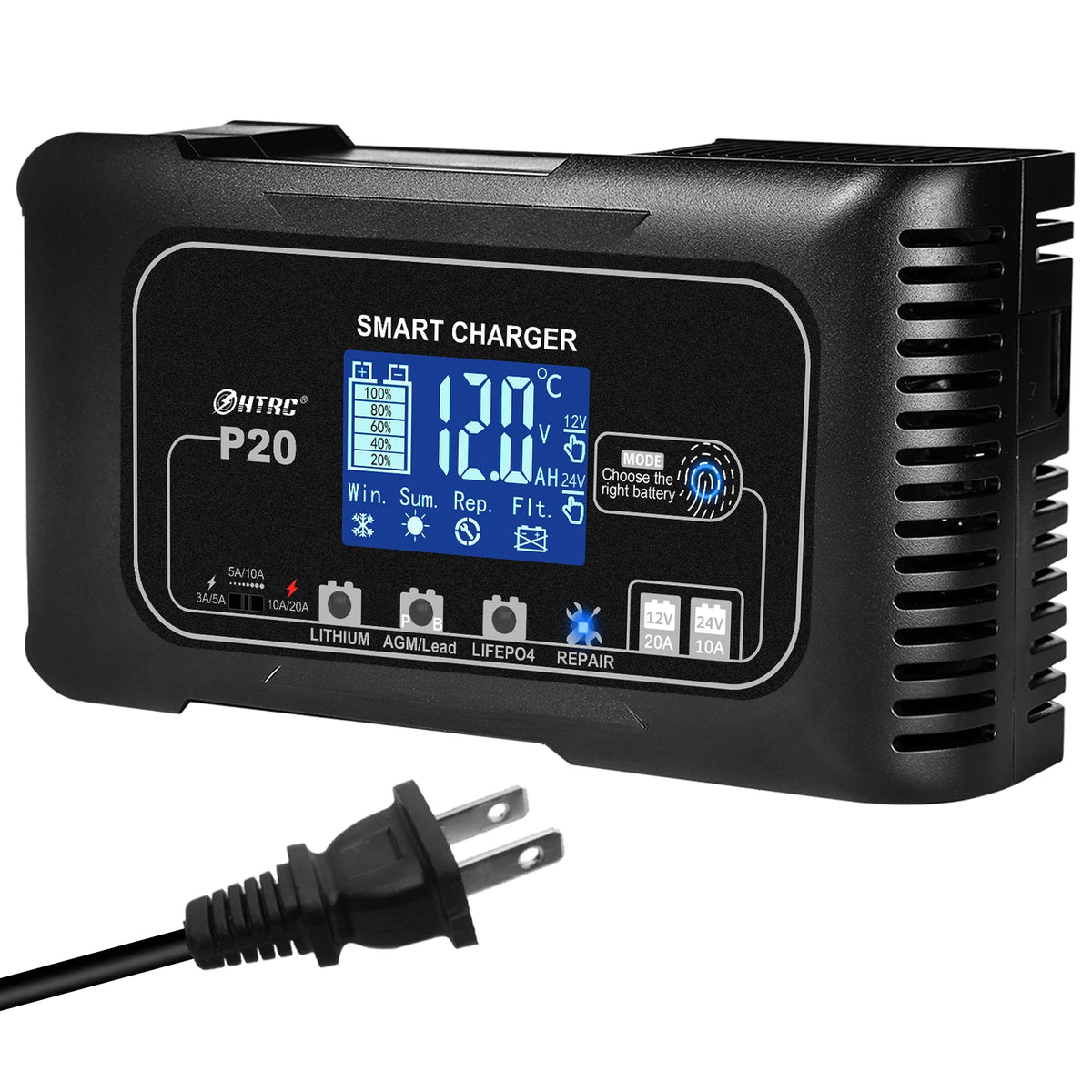 HTRC 20A/15A/10A Car Battery Charger LCD Automatic Pulse Repair Charger for Motorcycle Lead-Acid Lithium LiFePO4 AGM Wet Battery