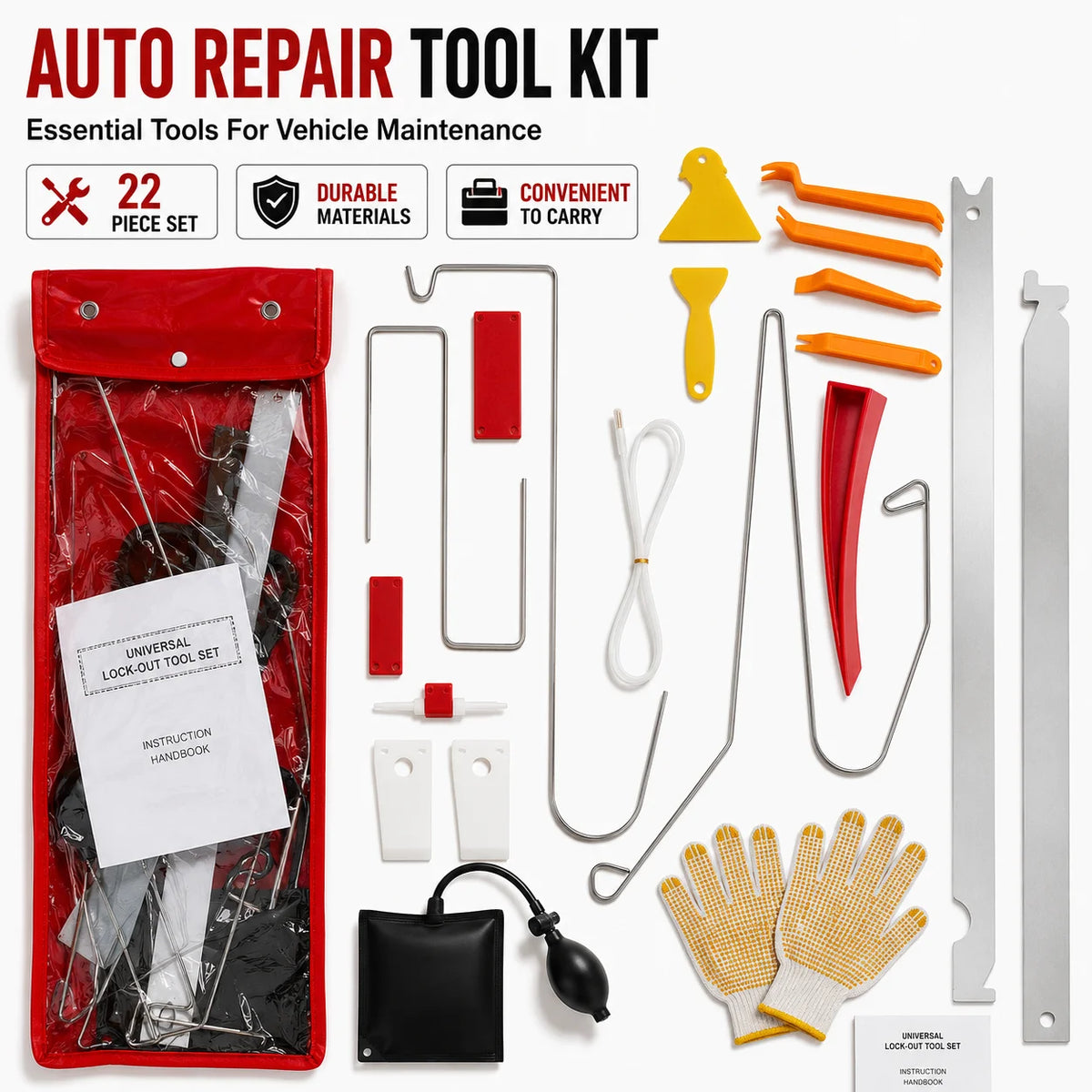Car Emergency Repair Tool Kit with Thin Bar Wide Bar S-Hook Air Wedge Bag Pump Car Opening Kit Car Lockout Tool Kit