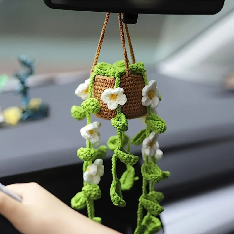 NEW Cute Potted Plants Crochet Car Basket Hanging Plant Crochet for Car Decor Car Orna close-up view