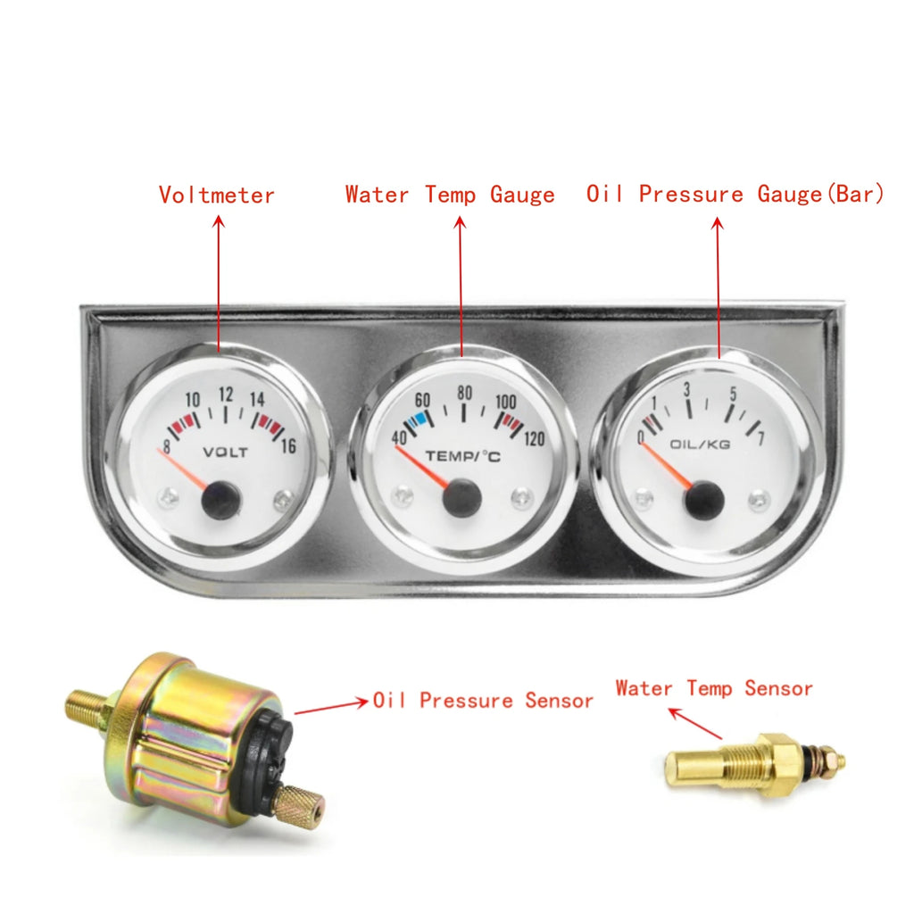 52mm 3 In 1 Triple Gauge Kit | Oil Pressure Voltmeter Water Temp with Sensors additional angle